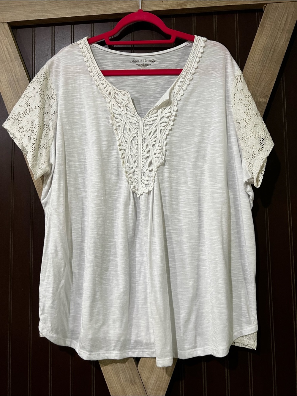 fresh Ivory Crochet-Trim Short Sleeve V-Neck Top